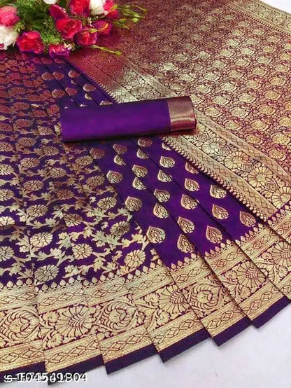 Banarasi Silk Saree With Blouse For Women (Yellow, 6.3M)